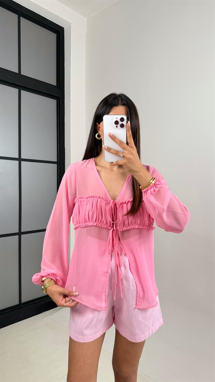 Pembe Önü Bağlamalı Transparan Gömlek Keten Şort Takım Gaus00615