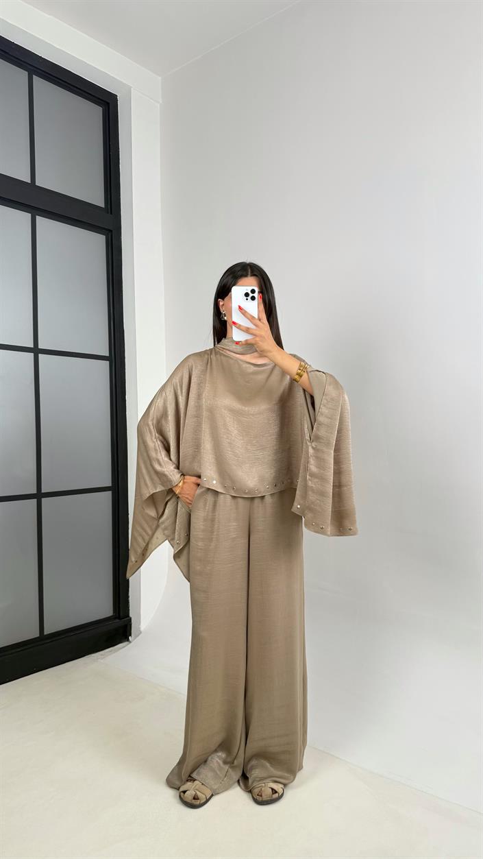 Vizon Zımba Detaylı Yarasa Kol Bluz Beli Lastikli Pantolon ZR Muadil Parlak Tencel Takım Gaus00695