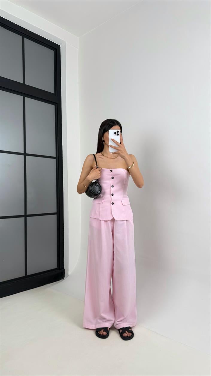 Pembe Straplez Düğmeli  Astarlı Yelek Cepli Pantolon İkili Keten Tasarım Takım Gaus00440