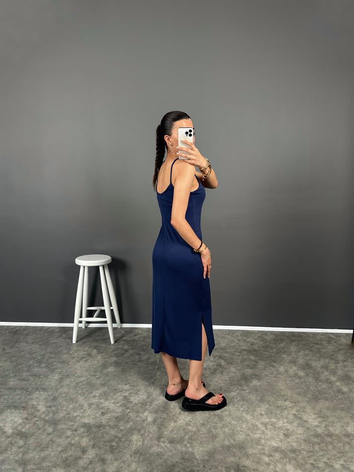 Karlee Lacivert İp Askılı Yırtmaçlı Elbise