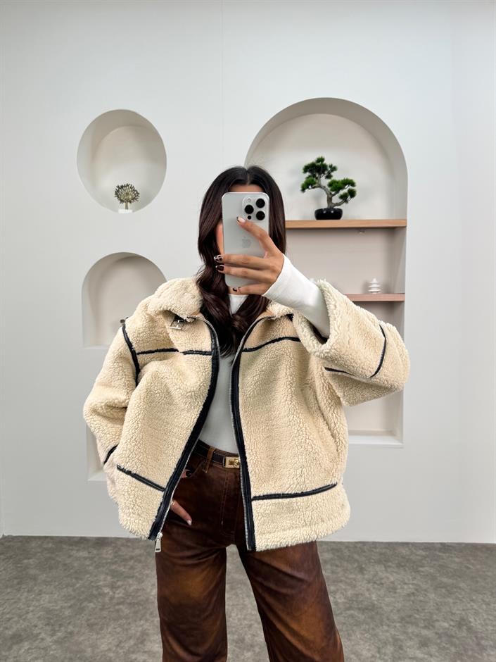 Dash Taş Deri Şeritli Peluş Biker Mont