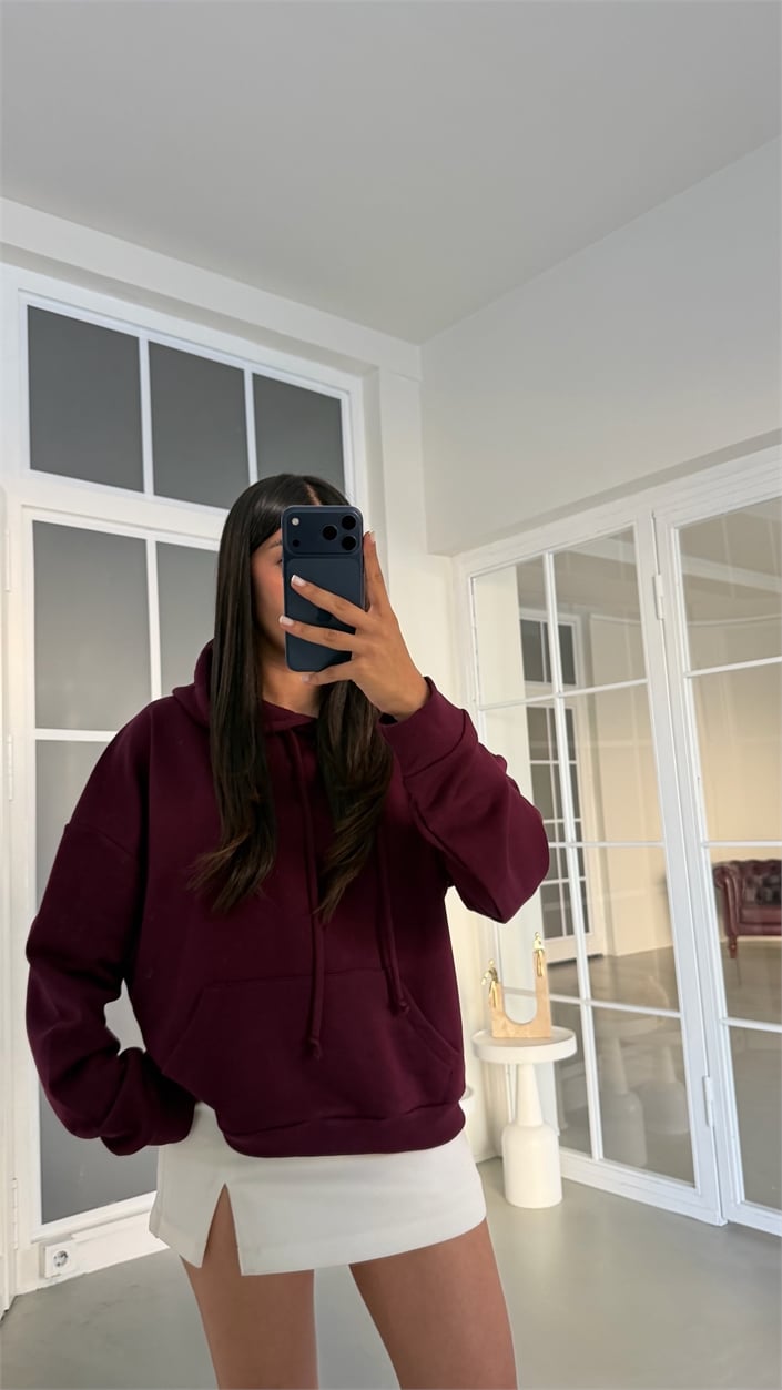 Mürdüm Kanat İşlemeli Kapüşonlu Sweatshirt GAUS-02052