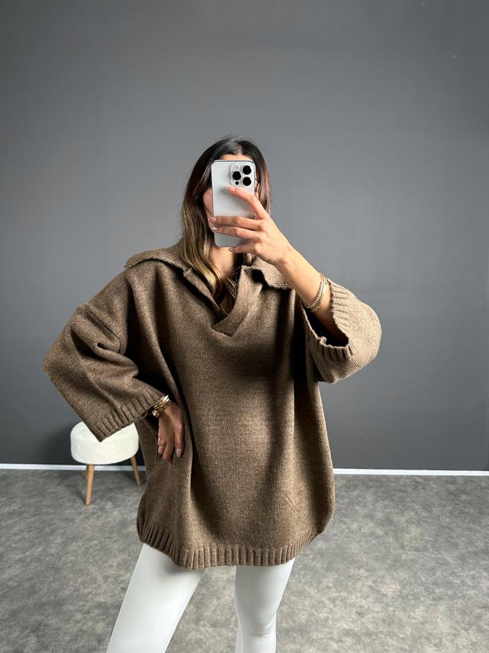 Doi Kahverengi Polo Yaka Triko Oversize Kazak