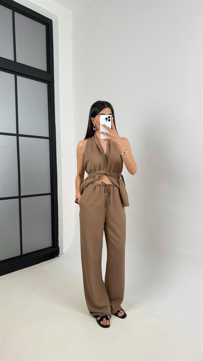 Kahve Önü Bağlamalı Kuşaklı Yelek Beli Lastikli Cepli Pantolon Keten Takım Gaus00410