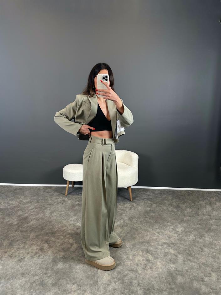 Ketrina Soft Haki Tasarım Blazer Ceket İkili Takım