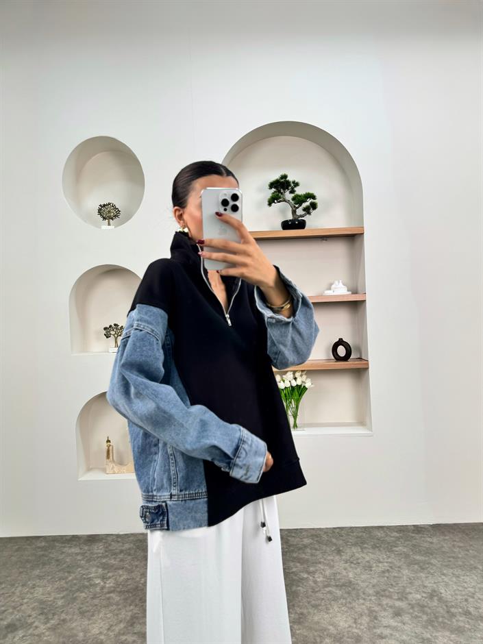 Mw Siyah Denim Detaylı Fermuarlı Sweatshirt