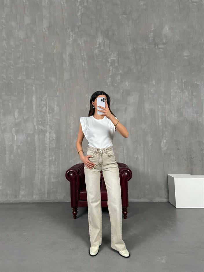Bej Yıkamalı Wide Leg Kesik Paça Jean Gaus00110