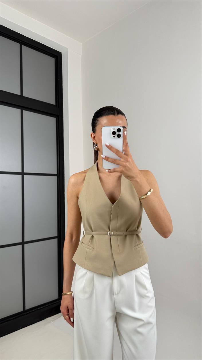 Vizon Önü Düğmeli Kemerli Tasarım Yelek Gaus00420