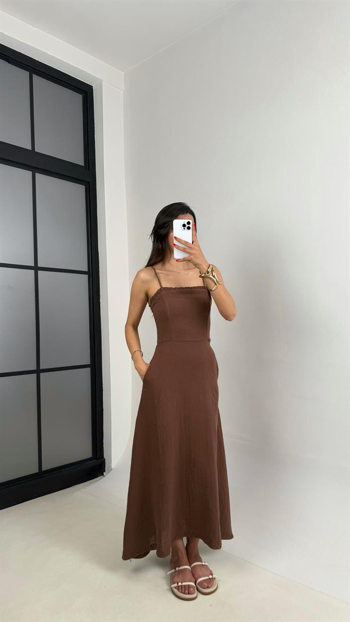 Kahve Ayarlanabilir Askılı Cepli Astarlı Müslin Elbise Gaus00519