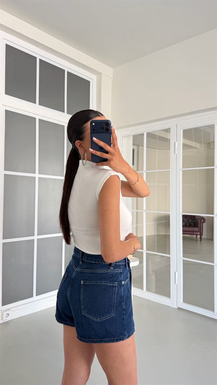 Lacivert Düğmeli Kot Şort Etek GAUS-01724