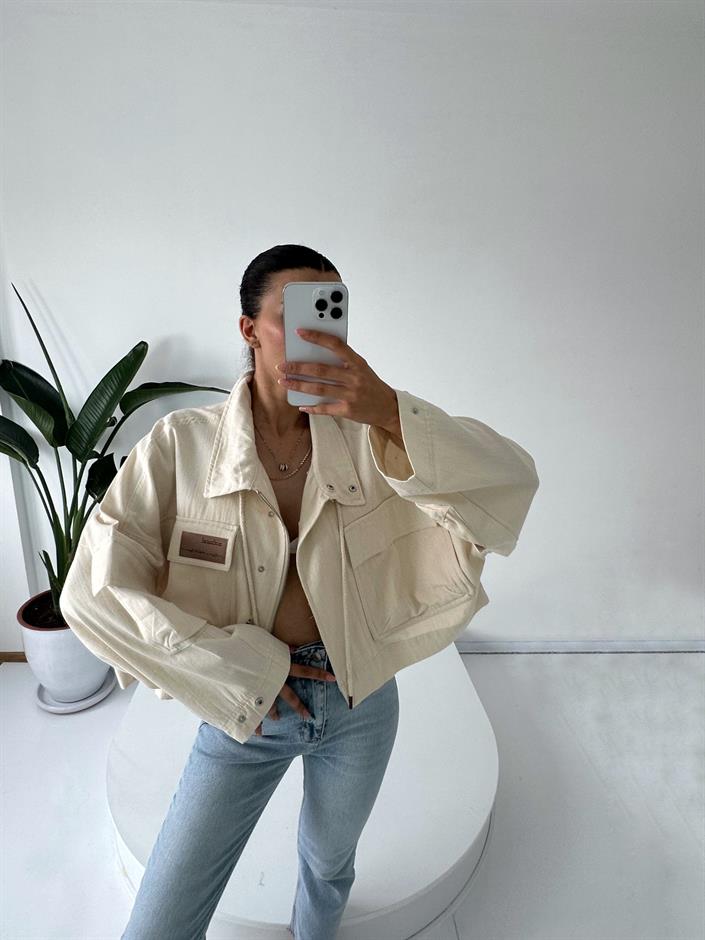 Bej Baskılı Oversize Dik Yaka Ceket 