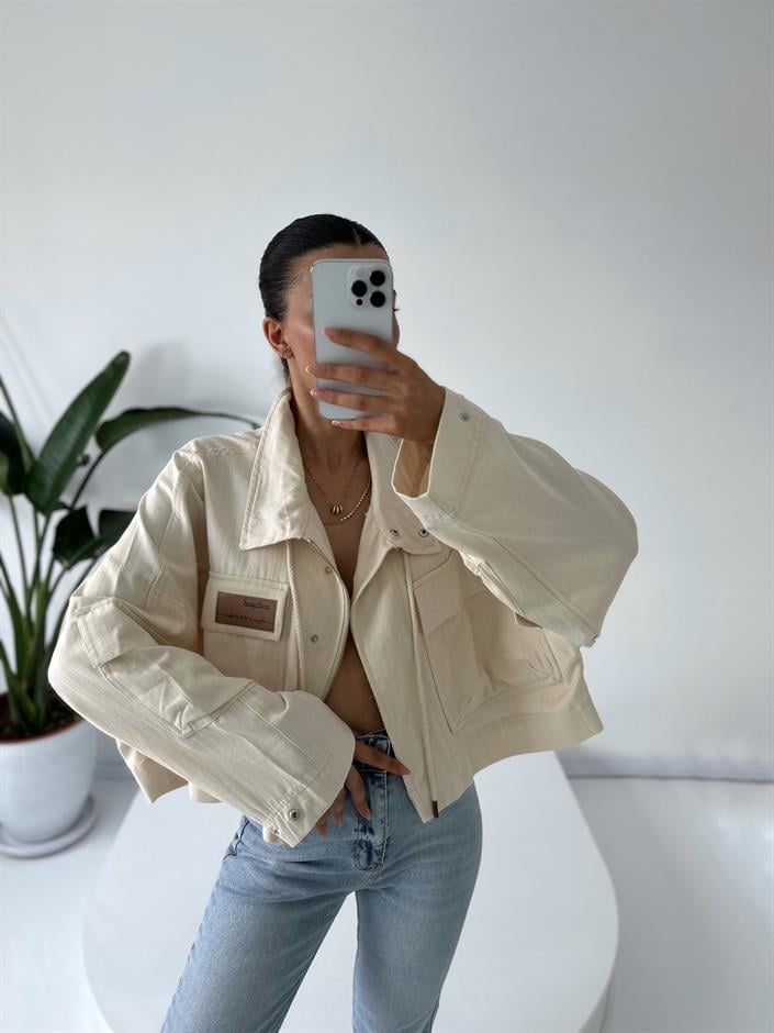Bej Baskılı Oversize Dik Yaka Ceket 