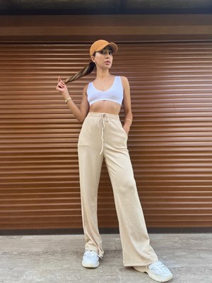Bej Beli Lastikli Pantolon