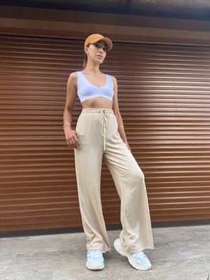 Bej Beli Lastikli Pantolon