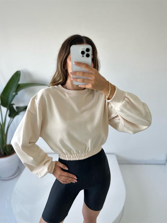 Bej Bisiklet Yaka Crop Sweat