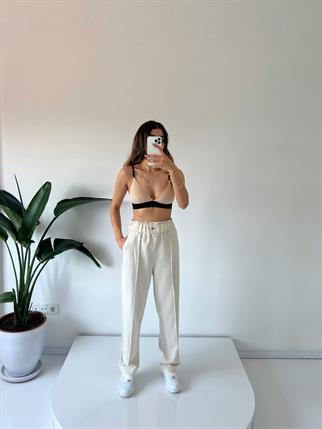 Bej Keten Çımalı Pantolon 