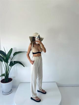 Bej Keten Çımalı Pantolon 