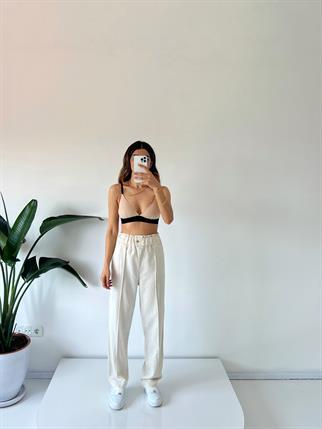 Bej Keten Çımalı Pantolon 