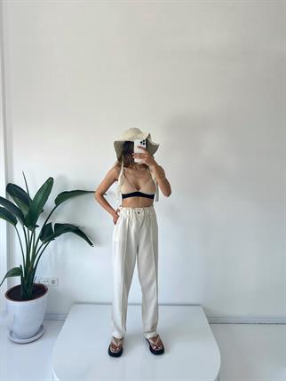 Bej Keten Çımalı Pantolon 