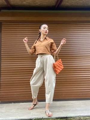 Bej Keten Şalvar Kesim Pantolon