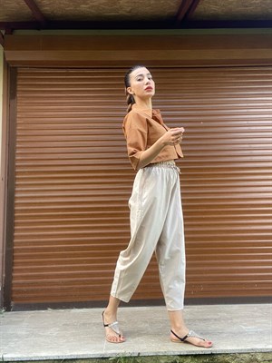 Bej Keten Şalvar Kesim Pantolon