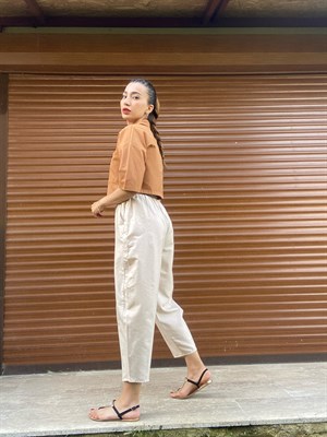 Bej Keten Şalvar Kesim Pantolon