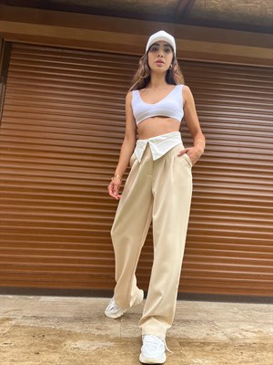 Bej Yüksek Bel Kemer Detaylı Pantolon