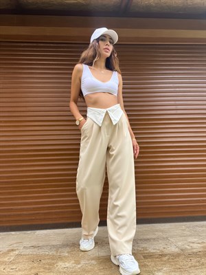 Bej Yüksek Bel Kemer Detaylı Pantolon