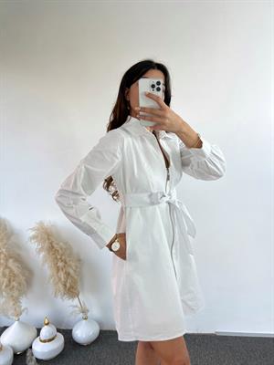Beyaz Astarlı Keten Gömlek Elbise 