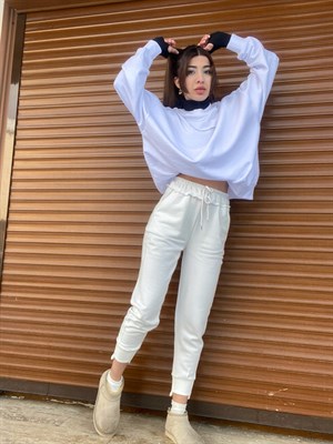 Beyaz Beli Ve Paçası Lastikli Jogger Eşofman Altı 