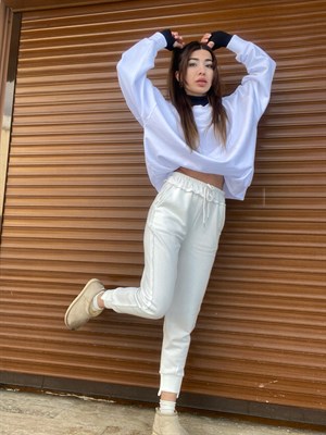 Beyaz Beli Ve Paçası Lastikli Jogger Eşofman Altı 