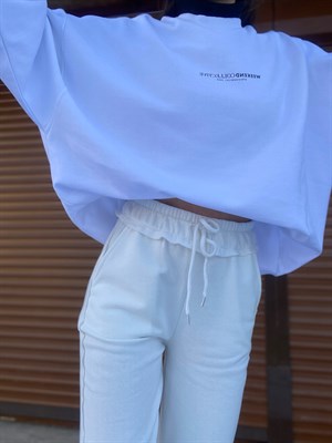 Beyaz Beli Ve Paçası Lastikli Jogger Eşofman Altı 