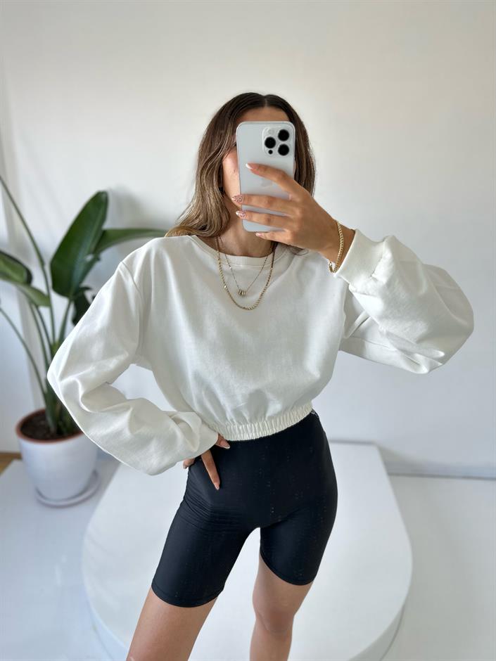 Beyaz Bisiklet Yaka Crop Sweat