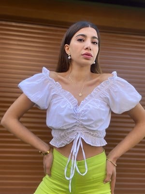 Beyaz Drapeli Balon Kol Crop