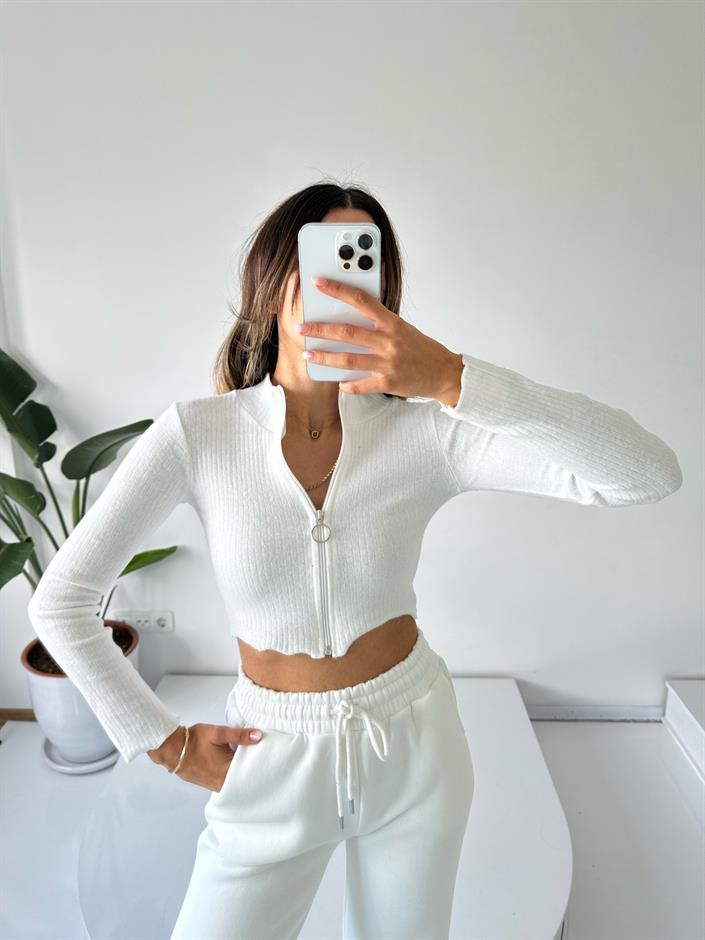 Beyaz Fermuarlı Yumuşak Fitilli Crop