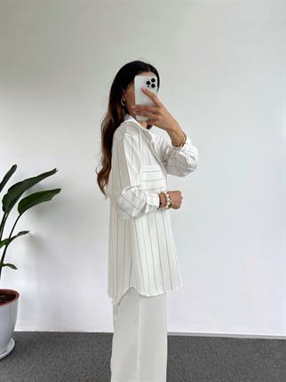 Beyaz Kahve Çizgili Cepli Oversize Gömlek