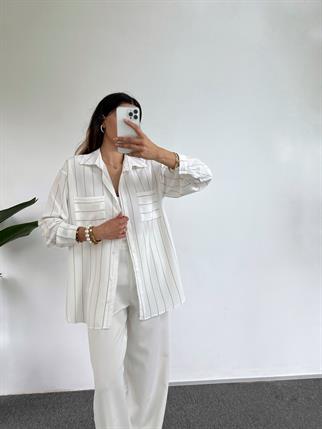 Beyaz Kahve Çizgili Cepli Oversize Gömlek