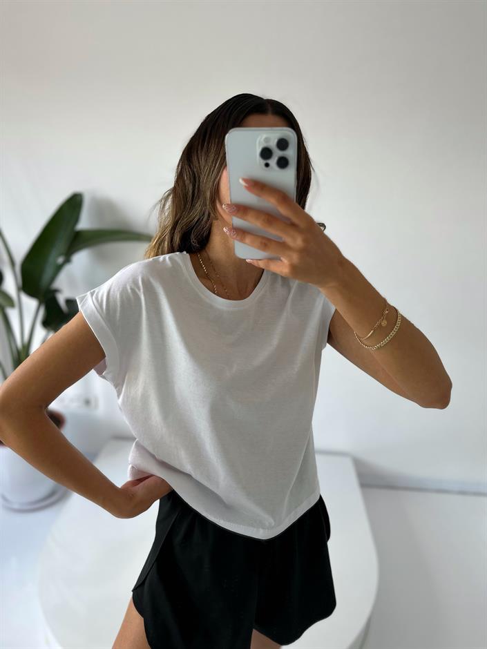 Beyaz Kol Katlamalı Basic Tshirt 