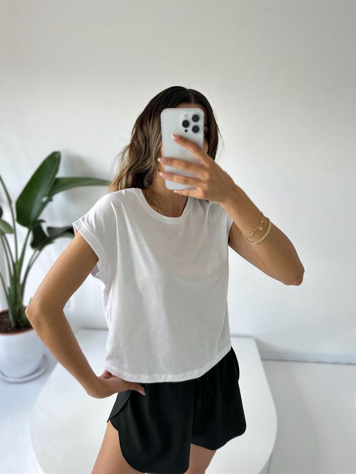 Beyaz Kol Katlamalı Basic Tshirt 