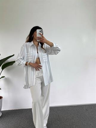 Beyaz Mavi Çizgili Cepli Oversize Gömlek 