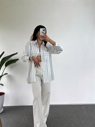 Beyaz Mavi Çizgili Cepli Oversize Gömlek 