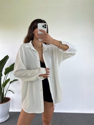 Beyaz Oversize Krinkıl Gömlek 