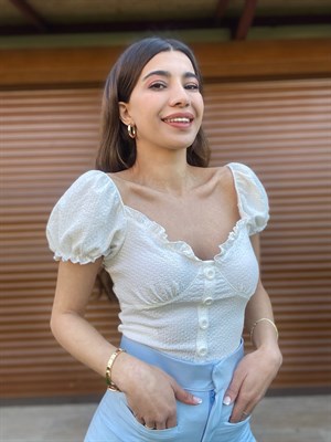 Beyaz Volanlı Balon Kol T-Shirt