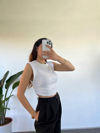 Beyaz Yanları Büzgülü Basic Crop 