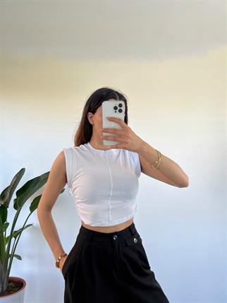 Beyaz Yanları Büzgülü Basic Crop 