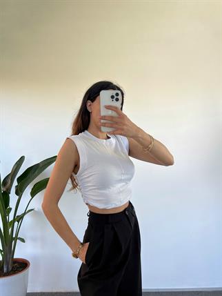 Beyaz Yanları Büzgülü Basic Crop 