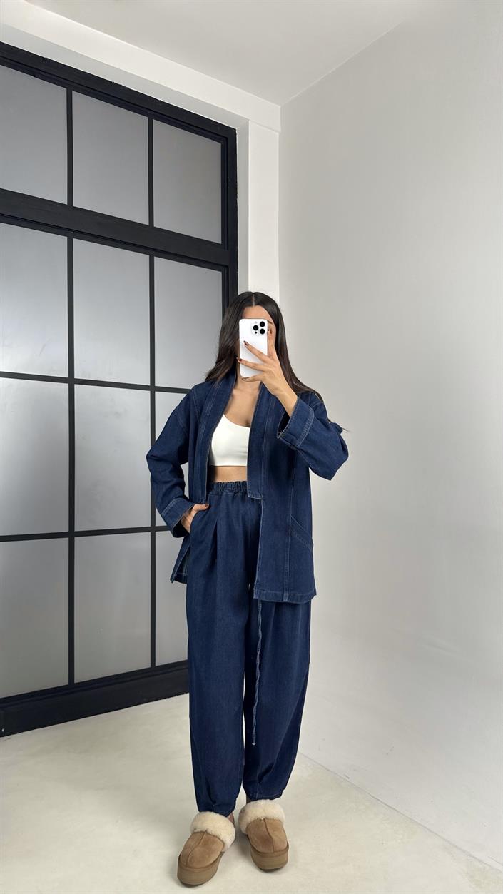 Lacivert Yandan Bağlama Detaylı Cepli Ceket Pantolon İkili Denim Takım GAUS-00446