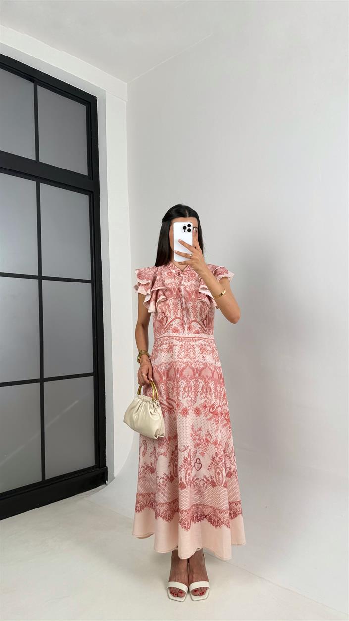 Pembe Floral Desenli Kol Fırfırlı Önü Düğmeli Keten Elbise Gaus00613