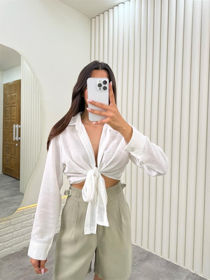 Beyaz  Önü Bağlamalı Premium Keten Gömlek Gaus00319