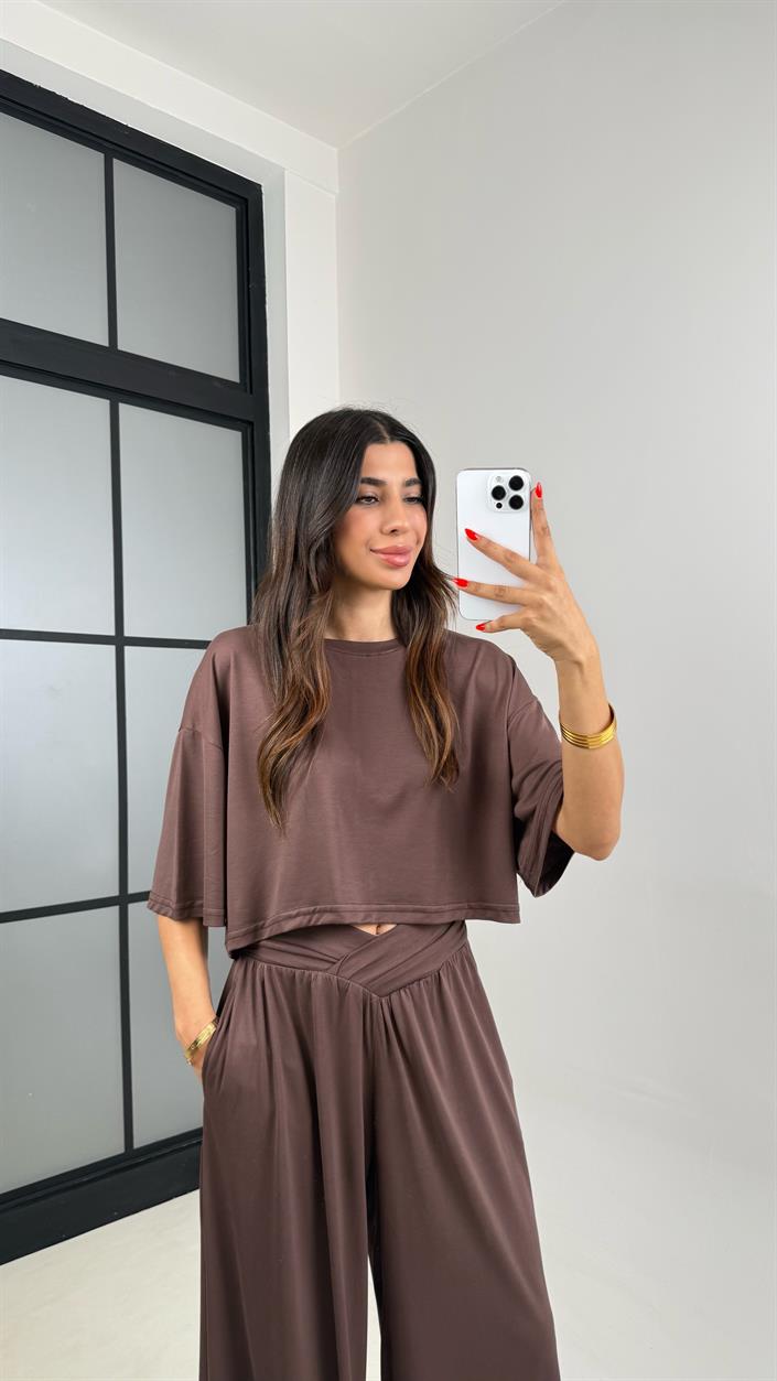 Kahve Bluz Beli Lastikli Pantolon OYS Muadil Modal Takım GAUS-0011
